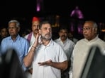Congress leader Rahul Gandhi (C) along with leaders of the opposition alliance INDIA bloc (Indian National Developmental Inclusive Alliance) speaks with media outside the Rashtrapati Bhavan as they demand the resignation of Chief Election Commissioner over alleged "special intensive revision" (SIR) voter-roll irregularities.