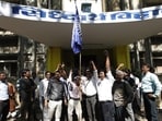Mumbai, India - Feb. 9, 2015 - Hostel residence protest against the evacuation outside the Siddharth Vihar. As BMC Officers evacuated hostel of Dr. Babasaheb Ambedkar college also known as Siddharth Vihar, in Wadala, because buildings is in dilapidated condition in Mumbai, India, on Monday, February 9, 2015. (Photo by Anshuman Poyrekar/ {c redit}) (Hindustan Times)