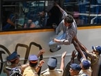 Mumbai, India. Oct 10, 2026 - Tribal students who marched from Nashik to Mumbai demanding basic facilities in their schools and hostels were detained by police at Tilak Bhavan, the Congress’s Maharashtra headquarters, and taken out of the city. The action came after the students insisted on meeting Governor Jishnu Dev Verma and were denied permission to hold a protest at Azad Maidan. Mumbai, India. Oct 10, 2026. (Photo by Raju Shinde/HT Photo) (Raju Shinde)