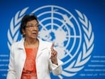 Chair of the Independent International Commission of Inquiry on the Occupied Palestinian Territory, including East Jerusalem, and Israel, South African judge Navi Pillay, gestures after a press conference in Geneva on September 16, 2025.(AFP)