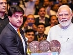 PM Narendra Modi with Union minister Jyotiraditya Scindia at the India Mobile Congress 2026 in New Delhi on Thursday. (DPR PMO)