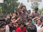 Students celebrating after the AMU accepted their demands and announced union polls last held in 2018. (HT photo)