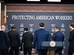 US vice-president JD Vance (centre) departs alongside other officials Stephen Miller, Todd Blanche, Keith Sonderling, Anthony D'Esposito and  Andrew Ferguson during a press conference on H-1B visa programme in Washington, DC.