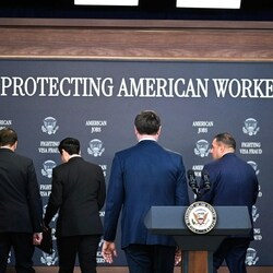 US vice-president JD Vance (centre) departs alongside other officials Stephen Miller, Todd Blanche, Keith Sonderling, Anthony D'Esposito and  Andrew Ferguson during a press conference on H-1B visa programme in Washington, DC.