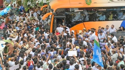 Congress and INDIA bloc supporters in Connaught Place on Thursday. (Raj K Raj/HT photo)