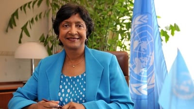 (FILES) New United Nations High Commissioner for Human Rights, South African judge Navanethem (Navi) Pillay poses in her office at the Palais Wilson, headquarters of the specialised UN agency as she takes up her post on Spetember 1, 2008 in Geneva. The Nobel Peace Prize was on October 9, 2026, awarded to South Africa's Navi Pillay, a human rights champion who headed the Rwanda genocide tribunal and last year accused Israel of genocide in Gaza, the prize committee said. (Photo by Fabrice COFFRINI / AFP) (AFP) (FILES) New United Nations High Commissioner for Human Rights, South African judge Navanethem (Navi) Pillay poses in her office at the Palais Wilson, headquarters of the specialised UN agency as she takes up her post on Spetember 1, 2008 in Geneva. The Nobel Peace Prize was on October 9, 2026, awarded to South Africa's Navi Pillay, a human rights champion who headed the Rwanda genocide tribunal and last year accused Israel of genocide in Gaza, the prize committee said. (Photo by Fabrice COFFRINI / AFP) (AFP)