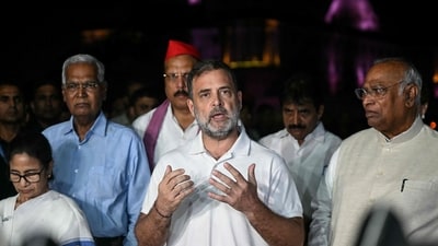 Rahul Gandhi along with Opposition leaders after meeting President Droupadi Murmu. (AFP) Rahul Gandhi along with Opposition leaders after meeting President Droupadi Murmu. (AFP)