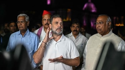 Congress leader Rahul Gandhi (C) along with leaders of the opposition alliance INDIA bloc (Indian National Developmental Inclusive Alliance) speaks with media outside the Rashtrapati Bhavan as they demand the resignation of Chief Election Commissioner over alleged "special intensive revision" (SIR) voter-roll irregularities. (AFP) Congress leader Rahul Gandhi (C) along with leaders of the opposition alliance INDIA bloc (Indian National Developmental Inclusive Alliance) speaks with media outside the Rashtrapati Bhavan as they demand the resignation of Chief Election Commissioner over alleged "special intensive revision" (SIR) voter-roll irregularities. (AFP)