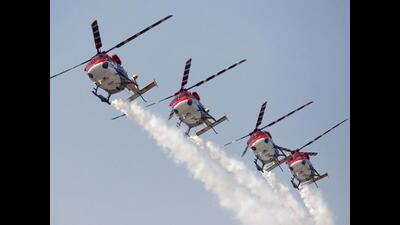 Indian Air Force advanced light helicopters display team "Sarang" performs during an air show organised by the IAF at the airport in Srinagar. (File) Indian Air Force advanced light helicopters display team "Sarang" performs during an air show organised by the IAF at the airport in Srinagar. (File)