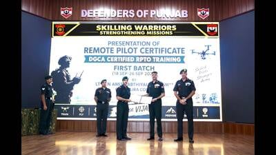 Lieutenant General Amit Kabthiyal, General Officer Commanding (GoC), Vajra Corps after the completion of specialised training in drone operations. (HT) Lieutenant General Amit Kabthiyal, General Officer Commanding (GoC), Vajra Corps after the completion of specialised training in drone operations. (HT)