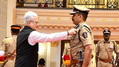 Pimpri-Chinchwad police commissioner Vinoy Kumar Choubey was conferred President’s Police Medal at an investiture ceremony held at Lok Bhavan in Mumbai on Friday. (HT)