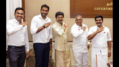 Tamil Nadu chief minister and TVK chief C Joseph Vijay and other senior party leaders in Chennai after the bypoll results. (PTI)