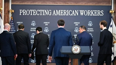 US vice-president JD Vance (centre) departs alongside other officials Stephen Miller, Todd Blanche, Keith Sonderling, Anthony D'Esposito and  Andrew Ferguson during a press conference on H-1B visa programme in Washington, DC. (AFP)