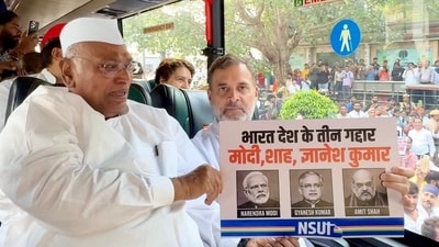 Congress president Mallikarjun Kharge and party leader Rahul Gandhi aboard a bus carrying INDIA bloc leaders to Mahatma Gandhi's memorial at Rajghat to stage a peaceful protest demanding the resignation of Chief Election Commissioner Gyanesh Kumar, in New Delhi. (AICC) Congress president Mallikarjun Kharge and party leader Rahul Gandhi aboard a bus carrying INDIA bloc leaders to Mahatma Gandhi's memorial at Rajghat to stage a peaceful protest demanding the resignation of Chief Election Commissioner Gyanesh Kumar, in New Delhi. (AICC)