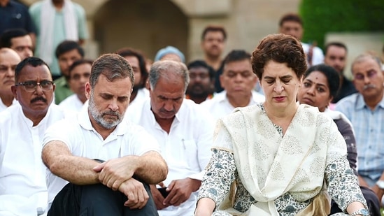 Lok Sabha LoP Rahul Gandhi, Congress MP Priyanka Gandhi Vadra and other INDIA bloc leaders at Raj Ghat after paying tribute to Mahatma Gandhi, in New Delhi on Thursday. (AICC/ANI Photo)