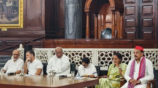 AICC President Mallikarjun Kharge, Lok Sabha LoP Rahul Gandhi, TMC chief Mamata Banerjee, NCP-SCP MP Supriya Sule and INDIA bloc MPs at the Parliament's Central Hall ahead of their meeting with President Droupadi Murmu over the Election Commission of India's functioning, in New Delhi on Friday. (Congress MP)