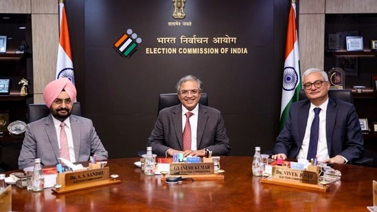 Chief Election Commissioner Gyanesh Kumar with Election Commissioners S S Sandhu and Vivek Joshi. (@ECISVEEP)