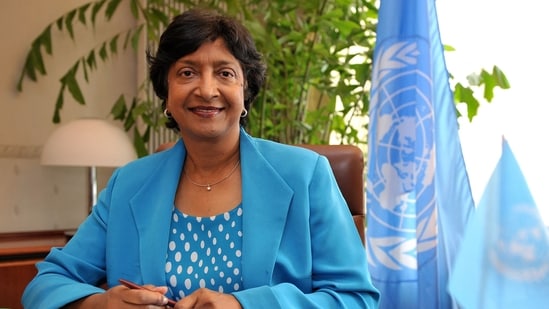 (FILES) New United Nations High Commissioner for Human Rights, South African judge Navanethem (Navi) Pillay poses in her office at the Palais Wilson, headquarters of the specialised UN agency as she takes up her post on Spetember 1, 2008 in Geneva. The Nobel Peace Prize was on October 9, 2026, awarded to South Africa's Navi Pillay, a human rights champion who headed the Rwanda genocide tribunal and last year accused Israel of genocide in Gaza, the prize committee said. (Photo by Fabrice COFFRINI / AFP) (AFP)