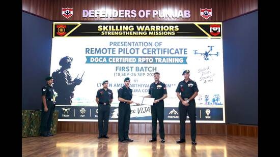 Lieutenant General Amit Kabthiyal, General Officer Commanding (GoC), Vajra Corps after the completion of specialised training in drone operations. (HT)