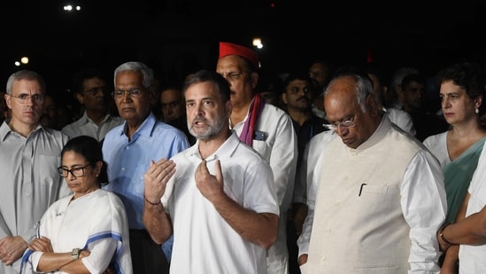 Lok Sabha LoP Rahul Gandhi speaks to the media at Vijay Chowk after meeting President Droupadi Murmu to raise concerns regarding the functioning of the Election Commission of India, in New Delhi on Friday.