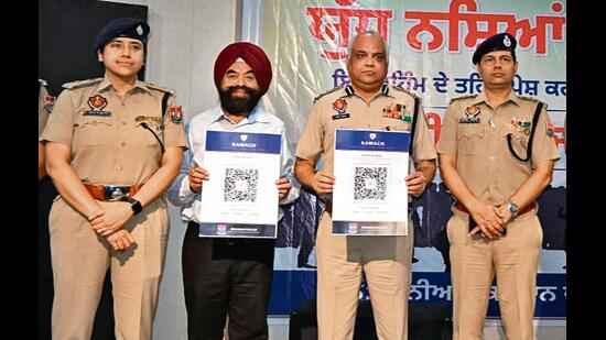 Police officials during the event at Gulzar Group of Institutions in Khanna on Friday. (HT)