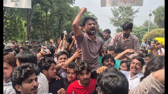 Students celebrating after the AMU accepted their demands and announced union polls last held in 2018. (HT photo)