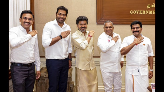 Tamil Nadu chief minister and TVK chief C Joseph Vijay and other senior party leaders in Chennai after the bypoll results. (PTI)