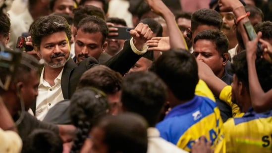 Tamil Nadu election results LIVE: Tamil Nadu chief minister Joseph Vijay greets a gathering (PTI)