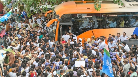 Gyanesh Kumar row LIVE: Congress and INDIA bloc supporters as INDIA bloc MPs board a bus in Connaught Place before heading towards Rajghat to stage a protest in New Delhi on Thursday. Gyanesh Kumar row LIVE: Congress and INDIA bloc supporters as INDIA bloc MPs board a bus in Connaught Place before heading towards Rajghat to stage a protest in New Delhi on Thursday.