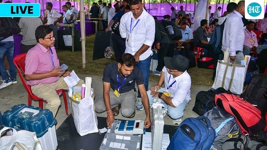 Bypoll election results LIVE: Polling officials check Electronic Voting Machines (EVMs) and other polling materials at a distribution centre before leaving for their respective polling booths, in Nagaon, Assam. Bypoll election results LIVE: Polling officials check Electronic Voting Machines (EVMs) and other polling materials at a distribution centre before leaving for their respective polling booths, in Nagaon, Assam.