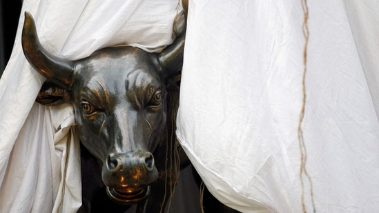 File: A bronze replica of a bull is seen at the gates of the Bombay Stock Exchange (BSE) building in Mumbai (REUTERS)
