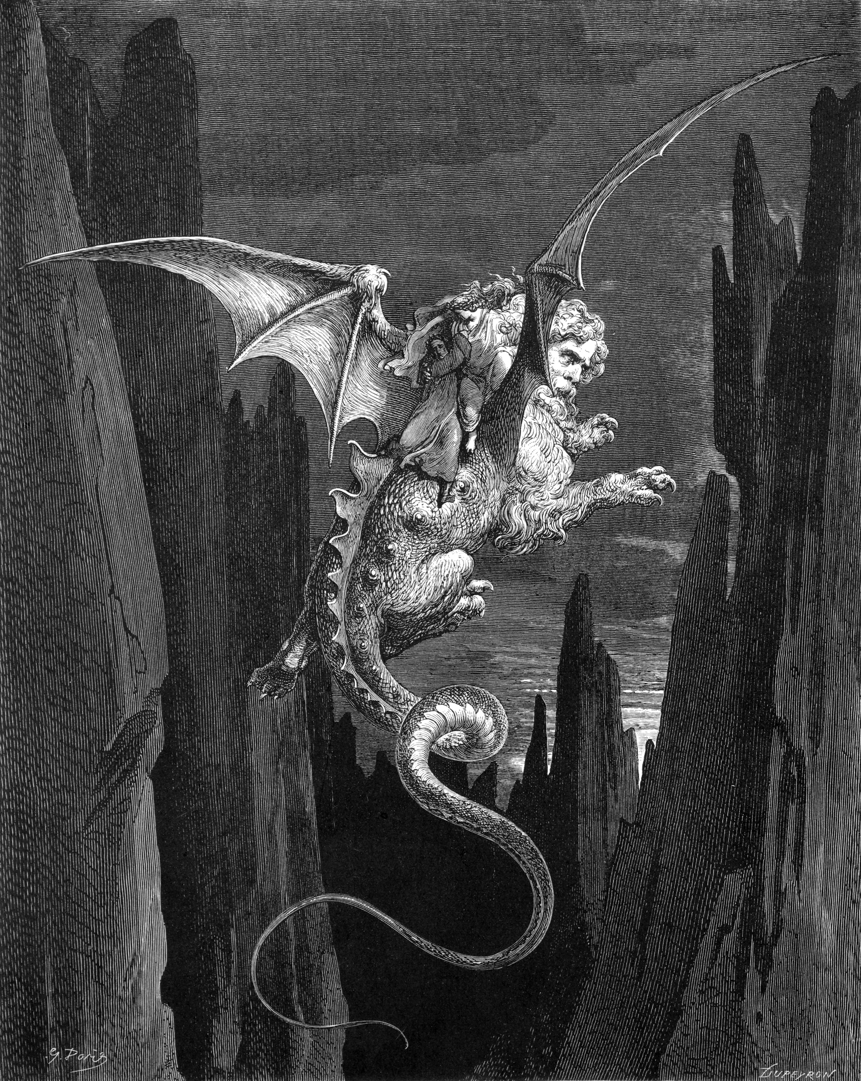 In Autobiography of Red , Carson takes the Greek myth of Geryon, the red-winged monster killed by Herakles, and turns him into a sensitive, awkward boy who falls in love with Herakles as a teenager. Pictured above, a wood engraving by Gustave Doré of Geryon for Dante’s Inferno. (National Library of Poland) In Autobiography of Red , Carson takes the Greek myth of Geryon, the red-winged monster killed by Herakles, and turns him into a sensitive, awkward boy who falls in love with Herakles as a teenager. Pictured above, a wood engraving by Gustave Doré of Geryon for Dante’s Inferno. (National Library of Poland)