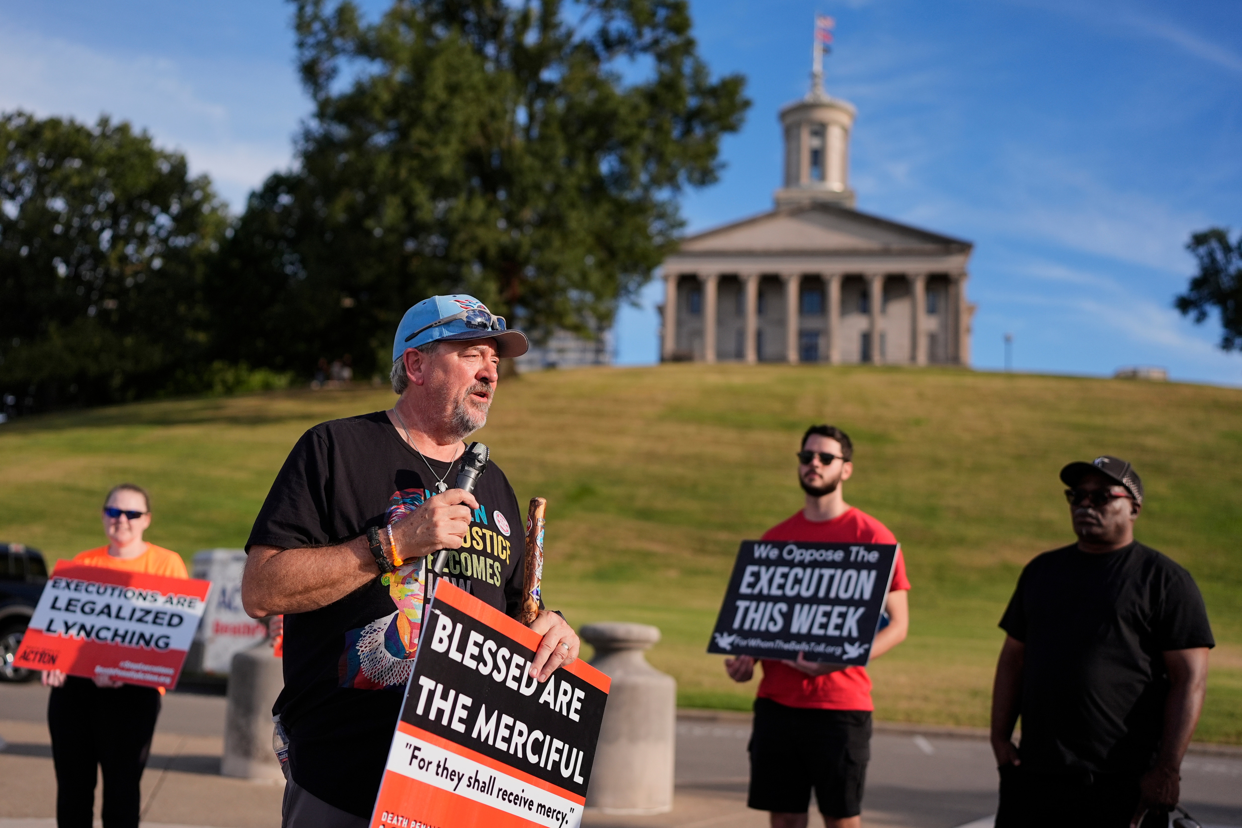 A pastor speaks during a mercy protest against death penalty, at the Tennessee State Capital, ahead of the September 30 scheduled execution of Christa Pike. (AP Photo)