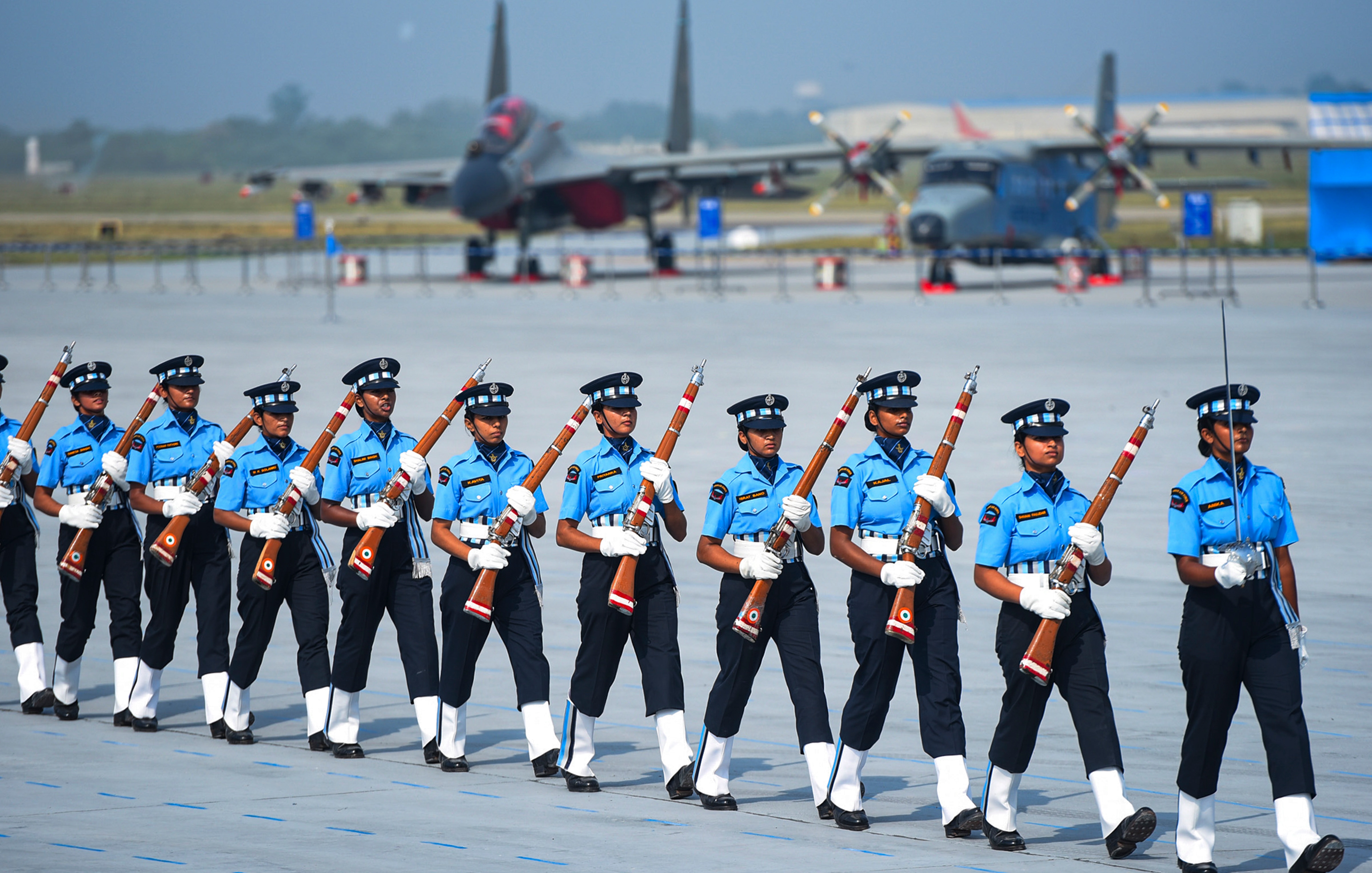 An all-women contingent of the Indian Air Force (IAF) during the 94th Air Force Day celebrations at Hindon. (PTI Photo)