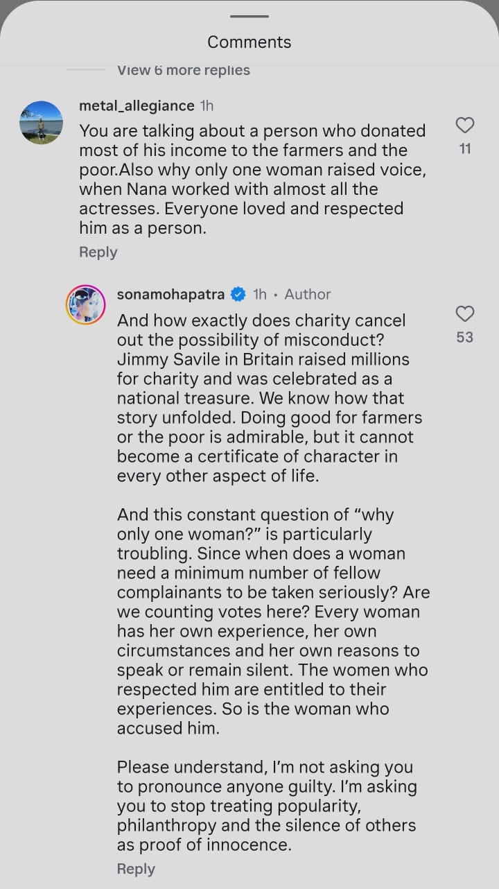 Sona Mohapatra hits out at Instagram-user pointing out Nana Patekar's philanthropy. Sona Mohapatra hits out at Instagram-user pointing out Nana Patekar's philanthropy.