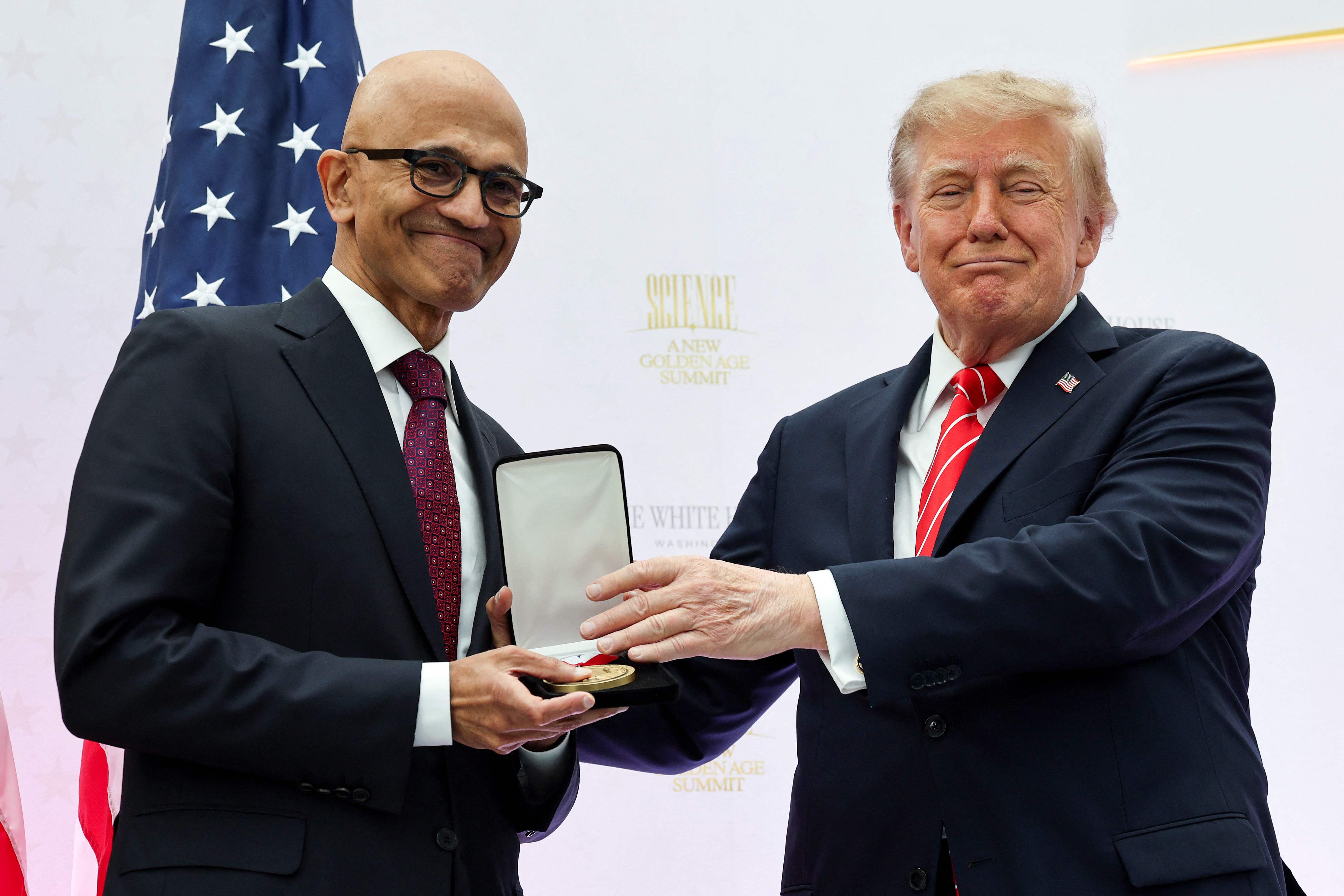 CEO of Microsoft Satya Nadella receives the National Medal of Technology and Innovation from U.S. President Donald Trump. (Getty Images via AFP)