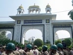 Security personnel stand guard outside the entrance gate of Gurdwara Bangla Sahib in New Delhi, Saturday, Oct. 10, 2026. 