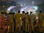 BSF personnel, along with Delhi and Noida Police, conduct security checks at the Noida–Delhi Chilla Border ahead of the ‘Cockroach Janata Party’ (CJP) protest scheduled for tomorrow at Jantar Mantar in Delhi.(Sunil Ghosh/ HT Photo)