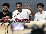 CJP leader Ajinkya Shinde (C) addresses a press conference during a protest demanding the resignation of India's Chief Election Commissioner Gyanesh Kumar near Jantar Mantar in New Delhi on October 10, 2026. 
