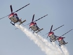 Indian Air Force advanced light helicopters display team "Sarang" performs during an air show organised by the IAF at the airport in Srinagar. (File)
