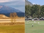 The natural ground (L) in Akhnoor where Sunil Kumar practiced and the Sher-I-Kashmir stadium in Srinagar (R).