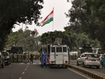 Security personnel and police vehicles stationed in Connaught Place to maintain law and order following the Cockroach Janta Party's (CJP) anti-CEC protest demonstration, in New Delhi, Saturday, Oct. 10, 2026.