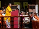 Kolkata: West Bengal Chief Minister Suvendu Adhikari speaks during the Mahalaya Durga Puja celebrations organised by state government, at Eden Gardens, in Kolkata, Saturday, Oct. 10, 2026. (PTI Photo/Manvender Vashist Lav)(PTI10_10_2026_000519B) (PTI)