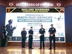 Lieutenant General Amit Kabthiyal, General Officer Commanding (GoC), Vajra Corps after the completion of specialised training in drone operations. (HT)