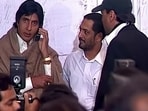 Amitabh Bachchan with Nana Patekar on the set of their film Kohram.