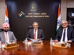 Chief Election Commissioner Gyanesh Kumar with Election Commissioners S S Sandhu and Vivek Joshi.