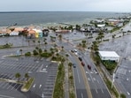 A drone view shows the Pensacola Beach Boardwalk area amid Hurricane Isaias' approach.