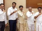 Tamil Nadu chief minister and TVK chief C Joseph Vijay and other senior party leaders in Chennai after the bypoll results. Tamil Nadu chief minister and TVK chief C Joseph Vijay and other senior party leaders in Chennai after the bypoll results.