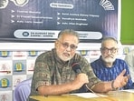 Mumbai, India - Aug. 24, 2026: Tushar Gandhi ,Adv. Irfan Engineer ,Fr. Frazer Mascarenhas,Shakir Shaikh, during the Joint Civil Society Press Conference at Mumbai Marathi Patrakar Sanghin Mumbai, India, on Monday, August 24, 2026. (Photo by Anshuman Poyrekar/Hindustan Times) (Anshuman Poyrekar/HT Photo)