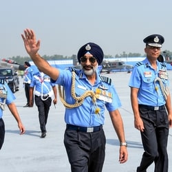 Chief of the Air Staff Air Chief Marshal AP Singh, centre, during the 94th Air Force Day celebrations at the Hindon Air Force Station. 